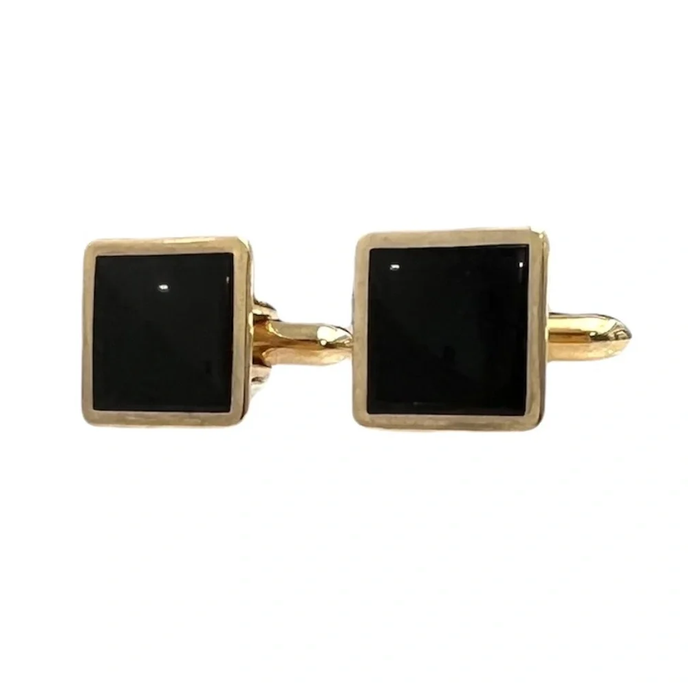VINTAGE SWANK GOLD TONE & BLACK ENAMEL SQUARE CUFFLINKS & SHIRT STUDS